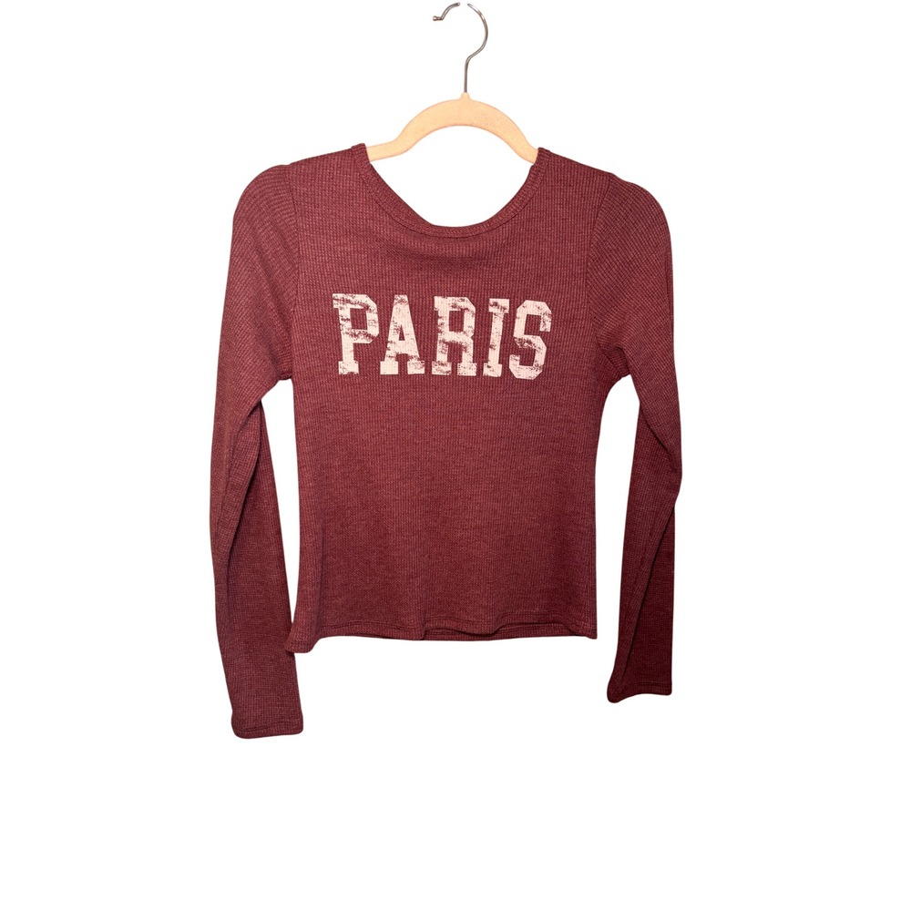 Pink Republic Womens Graphic Top M Maroon Paris Waffle‎ Knit Long Sleeve Indie
